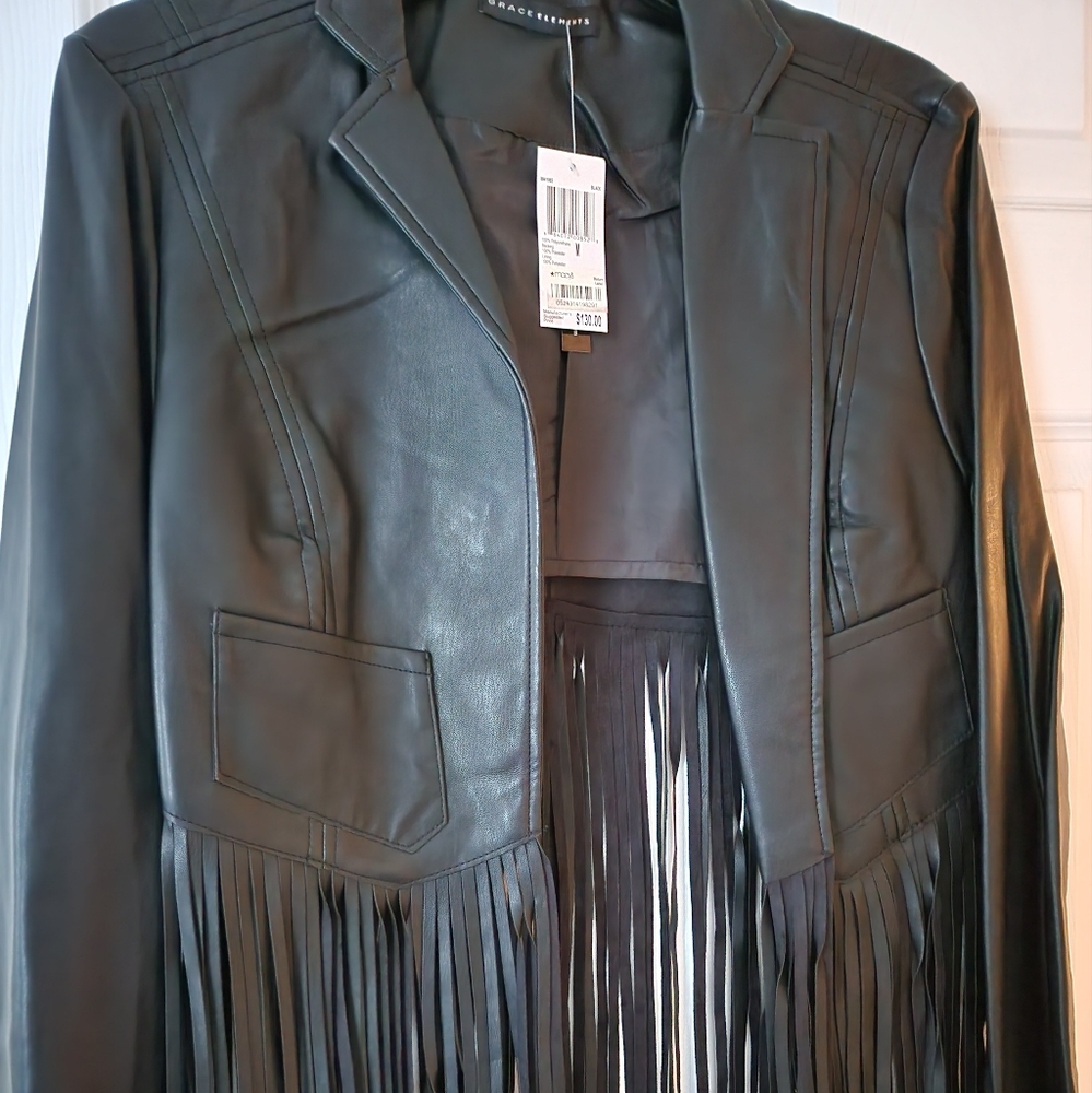 Black faux leather fringed jacket size medium.